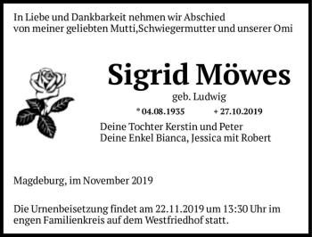 Traueranzeige von Sigrid Möwes (geb. Ludwig)  von Magdeburger Volksstimme