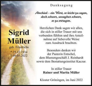 Traueranzeige von Sigrid Müller (geb. Friedrichs)  von Magdeburger Volksstimme