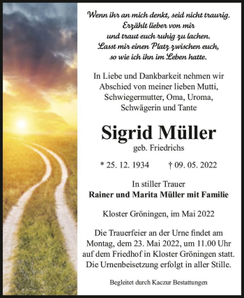 Traueranzeige von Sigrid Müller (geb. Friedrichs)  von Magdeburger Volksstimme