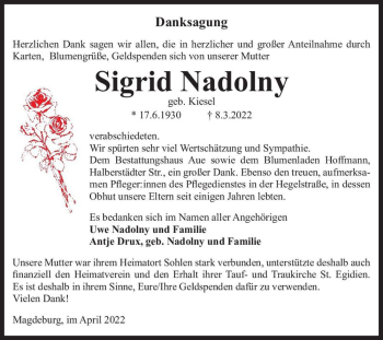 Traueranzeige von Sigrid Nadolny (geb. Kiesel)  von Magdeburger Volksstimme