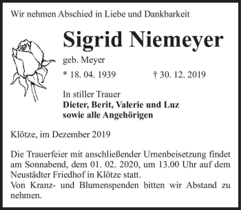 Traueranzeige von Sigrid Niemeyer (geb. Meyer)  von Magdeburger Volksstimme