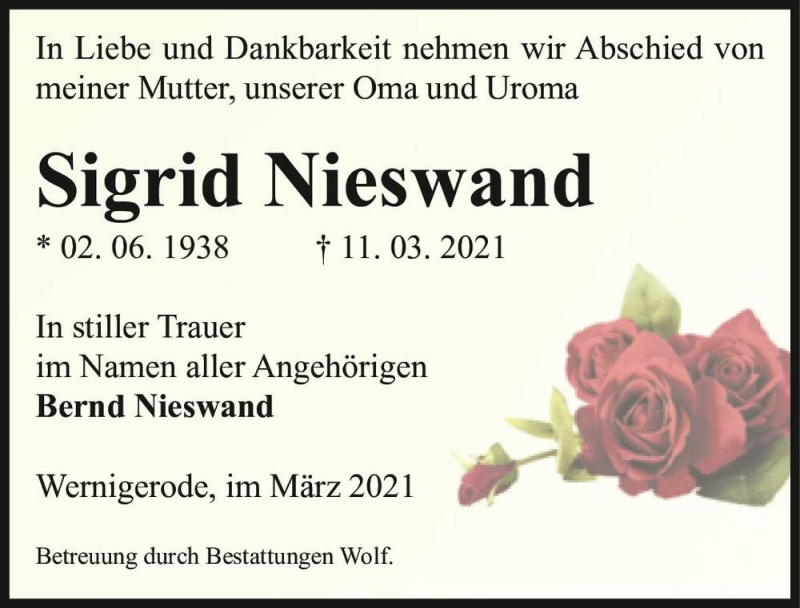  Traueranzeige für Sigrid Nieswand  vom 20.03.2021 aus Magdeburger Volksstimme