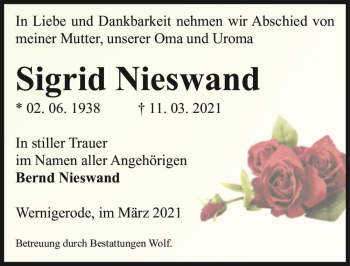 Traueranzeige von Sigrid Nieswand  von Magdeburger Volksstimme