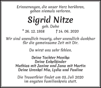 Traueranzeige von Sigrid Nitze (geb. Dube)  von Magdeburger Volksstimme