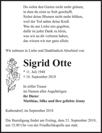 Traueranzeige von Sigrid Otte  von Magdeburger Volksstimme