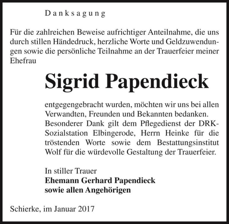  Traueranzeige für Sigrid Papendieck  vom 27.01.2017 aus Magdeburger Volksstimme