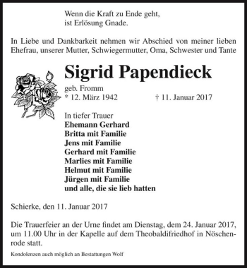 Traueranzeige von Sigrid Papendieck (geb. Fromm)  von Magdeburger Volksstimme