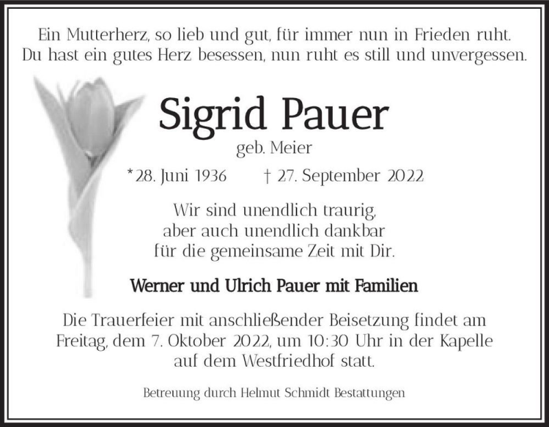  Traueranzeige für Sigrid Pauer (geb. Meier)  vom 01.10.2022 aus Magdeburger Volksstimme