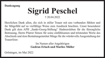 Traueranzeige von Sigrid Peschel  von Magdeburger Volksstimme