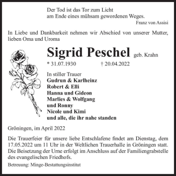 Traueranzeige von Sigrid Peschel (geb. Krahn)  von Magdeburger Volksstimme
