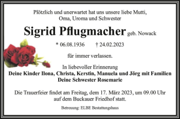 Traueranzeige von Sigrid Pflugmacher (geb. Nowack)  von Magdeburger Volksstimme