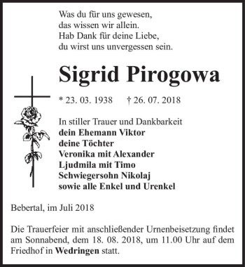 Traueranzeige von Sigrid Pirogowa  von Magdeburger Volksstimme