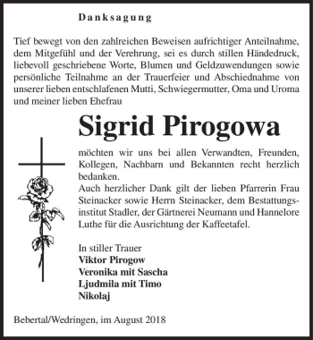 Traueranzeige von Sigrid Pirogowa  von Magdeburger Volksstimme