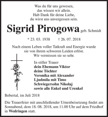 Traueranzeige von Sigrid Pirogowa (geb. Schmidt)  von Magdeburger Volksstimme