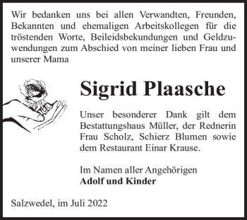 Traueranzeige von Sigrid Plaasche  von Magdeburger Volksstimme