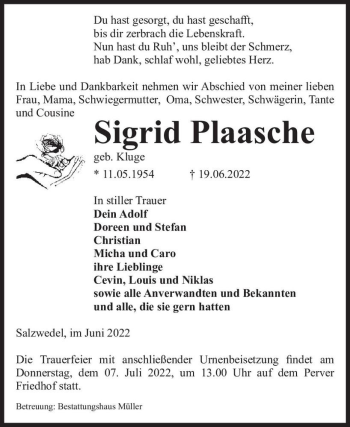 Traueranzeige von Sigrid Plaasche (geb. Kluge)  von Magdeburger Volksstimme