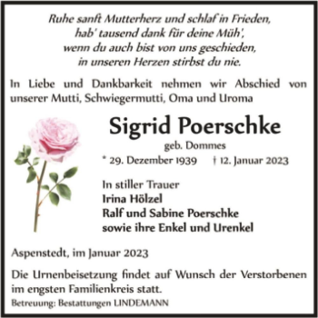 Traueranzeige von Sigrid Poerschke (geb. Dommes)  von Magdeburger Volksstimme