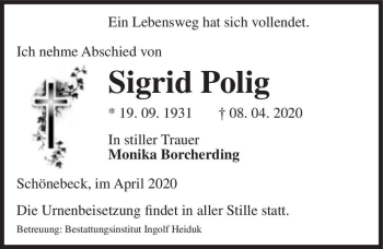 Traueranzeige von Sigrid Polig  von Magdeburger Volksstimme