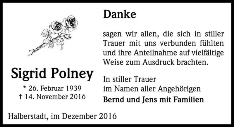  Traueranzeige für Sigrid Polney  vom 10.12.2016 aus Magdeburger Volksstimme