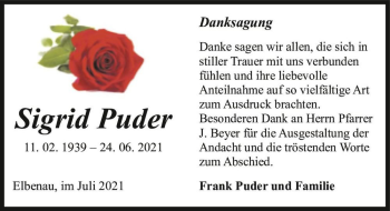 Traueranzeige von Sigrid Puder  von Magdeburger Volksstimme