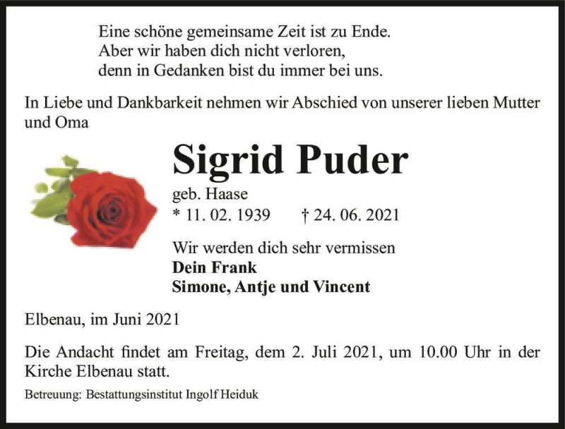  Traueranzeige für Sigrid Puder (geb. Haase)  vom 30.06.2021 aus Magdeburger Volksstimme