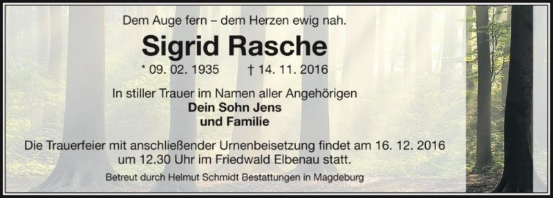  Traueranzeige für Sigrid Rasche  vom 10.12.2016 aus Magdeburger Volksstimme