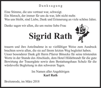 Traueranzeige von Sigrid Rath  von Magdeburger Volksstimme