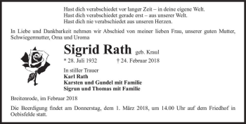 Traueranzeige von Sigrid Rath (geb. Kraul)  von Magdeburger Volksstimme