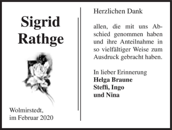 Traueranzeige von Sigrid Rathge  von Magdeburger Volksstimme