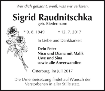 Traueranzeige von Sigrid Raudnitschka (geb. Biedermann)  von Magdeburger Volksstimme