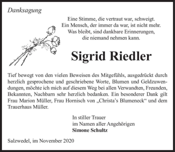 Traueranzeige von Sigrid Riedler  von Magdeburger Volksstimme