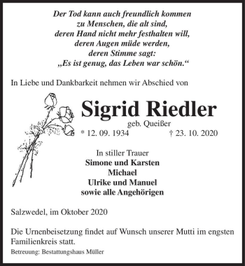 Traueranzeige von Sigrid Riedler (geb. Queißer)  von Magdeburger Volksstimme