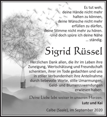 Traueranzeige von Sigrid Rüssel  von Magdeburger Volksstimme
