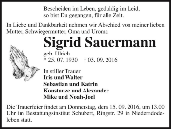 Traueranzeige von Sigrid Sauermann (geb. Ulrich)  von Magdeburger Volksstimme