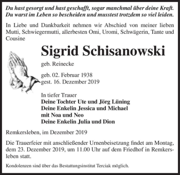 Traueranzeige von Sigrid Schisanowski (geb. Reinecke)  von Magdeburger Volksstimme