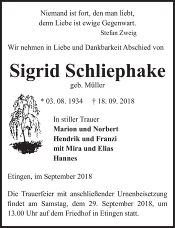 Traueranzeige von Sigrid Schliephake (geb. Müller)  von Magdeburger Volksstimme