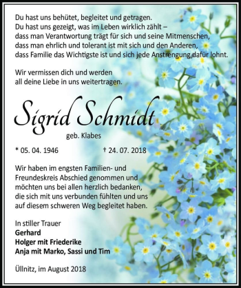 Traueranzeige von Sigrid Schmidt (geb. Klabes)  von Magdeburger Volksstimme