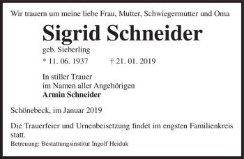 Traueranzeige von Sigrid Schneider (geb. Sieberling)  von Magdeburger Volksstimme