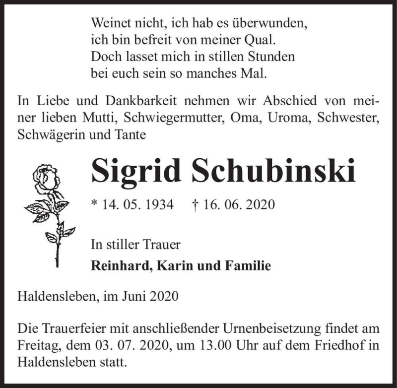  Traueranzeige für Sigrid Schubinski  vom 26.06.2020 aus Magdeburger Volksstimme