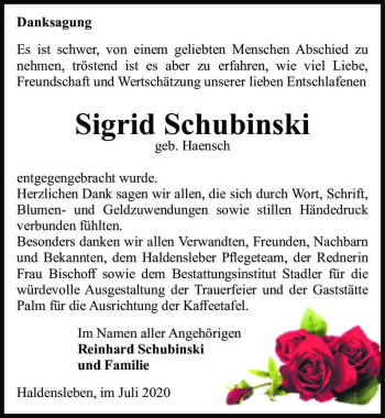 Traueranzeige von Sigrid Schubinski (geb. Haensch)  von Magdeburger Volksstimme