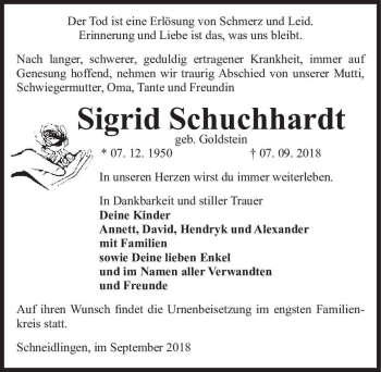 Traueranzeige von Sigrid Schuchhardt (geb. Goldstein)  von Magdeburger Volksstimme