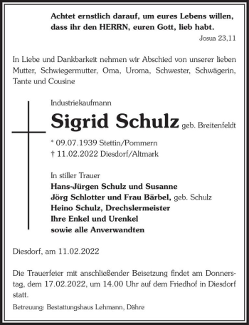 Traueranzeige von Sigrid Schulz (geb. Breitenfeldt)  von Magdeburger Volksstimme