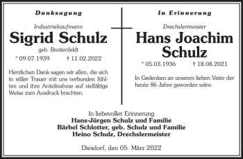 Traueranzeige von Sigrid Schulz (geb. Breitenfeldt) und Hans Joachim Schulz  von Magdeburger Volksstimme
