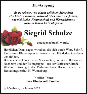 Traueranzeige von Sigrid Schulze  von Magdeburger Volksstimme