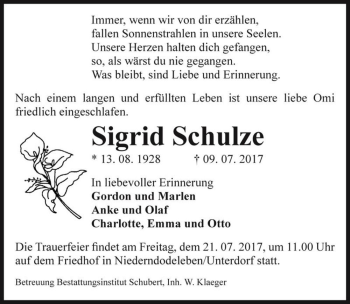 Traueranzeige von Sigrid Schulze  von Magdeburger Volksstimme