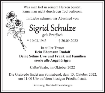 Traueranzeige von Sigrid Schulze (geb. Bratfisch)  von Magdeburger Volksstimme