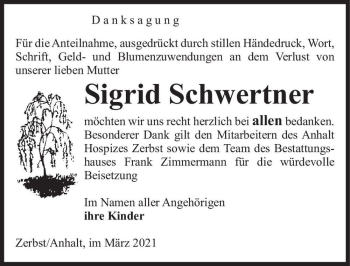 Traueranzeige von Sigrid Schwertner  von Magdeburger Volksstimme