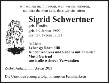 Traueranzeige von Sigrid Schwertner (geb. Handke)  von Magdeburger Volksstimme