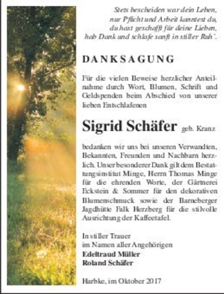  Traueranzeige für Sigrid Schäfer (geb. Kranz)  vom 28.10.2017 aus Magdeburger Volksstimme