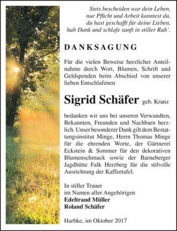 Traueranzeige von Sigrid Schäfer (geb. Kranz)  von Magdeburger Volksstimme